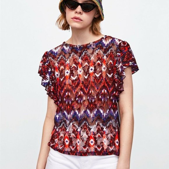 NWT - Zara Printed Lace Top Short Ruffled Sleeves - Picture 2 of 8